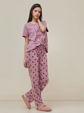 021 Pink Love Sleep Printed T.Shirt With Printed Trouser