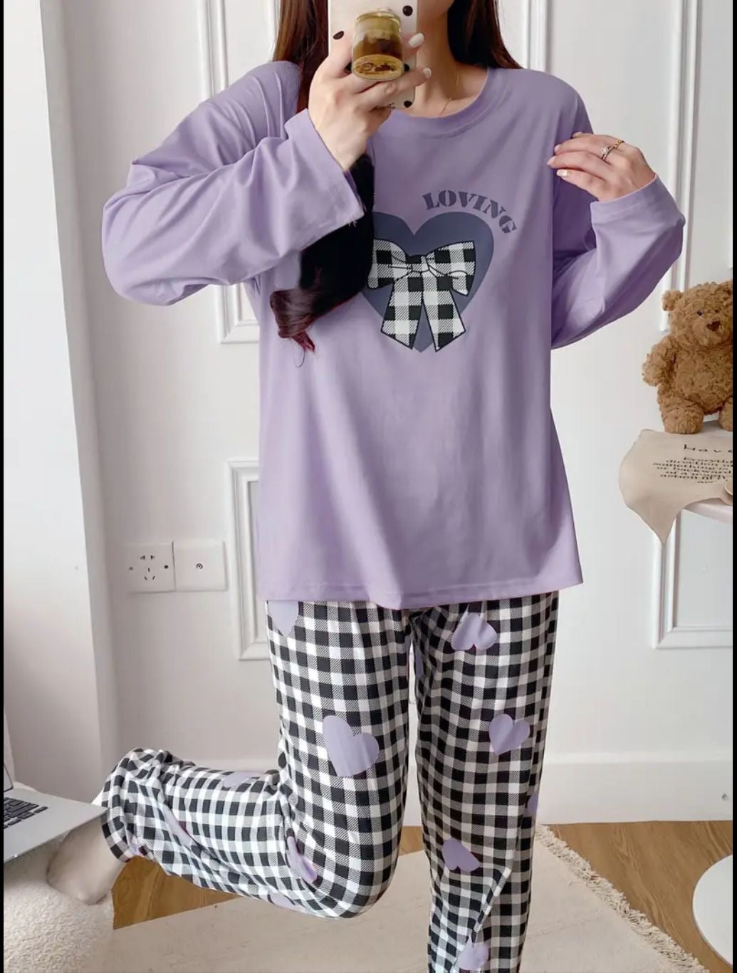 00000 Lilac Full Sleeves Heart 💜T-Shirt With Black & White Check Trouser