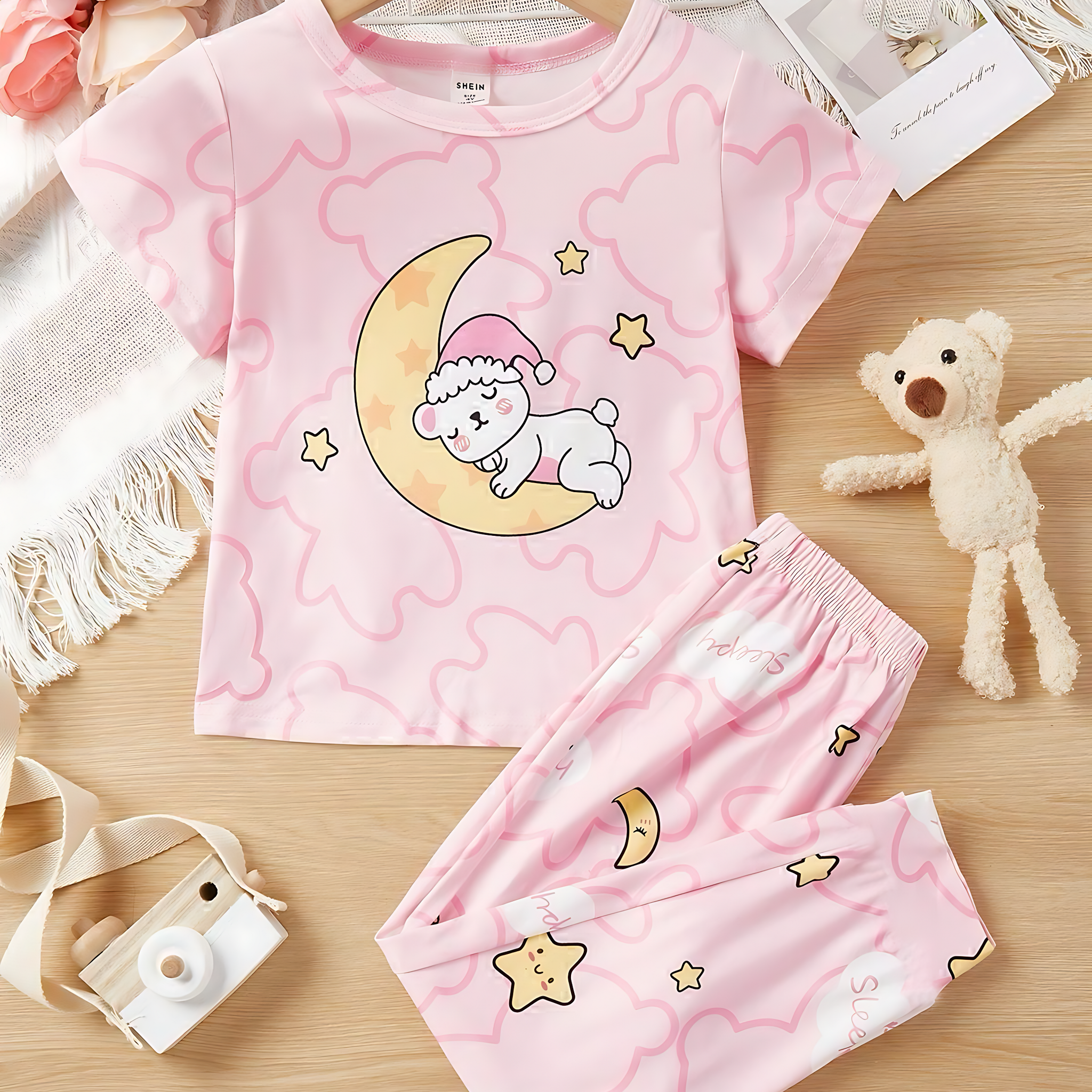 0001 Baby Pink Moon Bear Printed Half Sleeves T-shirt with Moon Star Printed Pajama Kids Suits