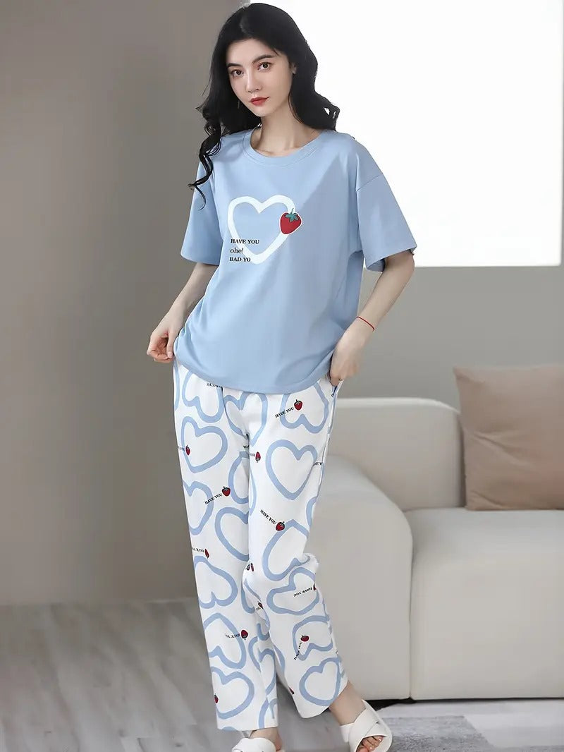 0001 BLUE Heart & Strawberry Print Half Sleeves T-shirt With Printed Pajama Suit