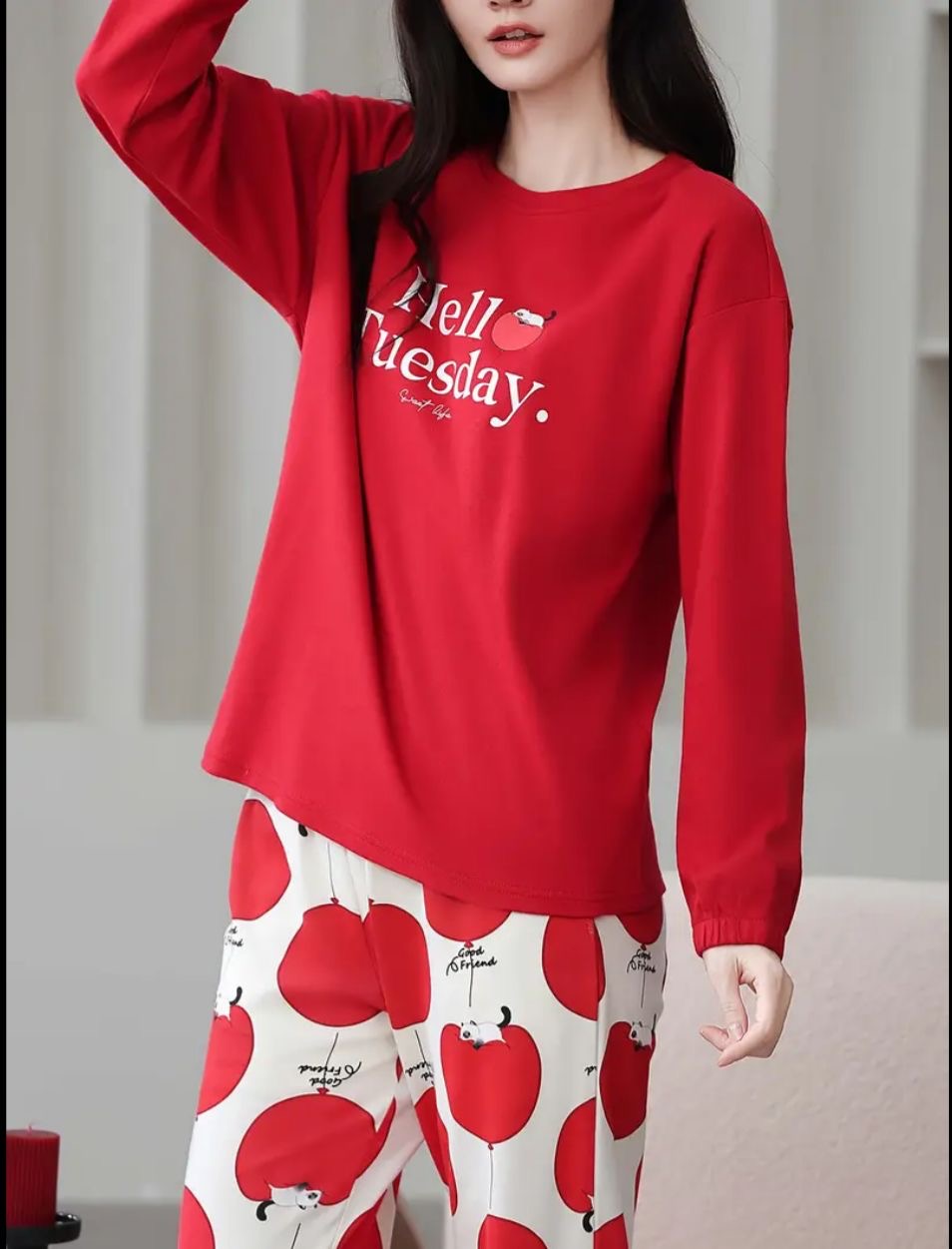 000000 Red Hello Tuesday Full Sleeves With Printed Trouser