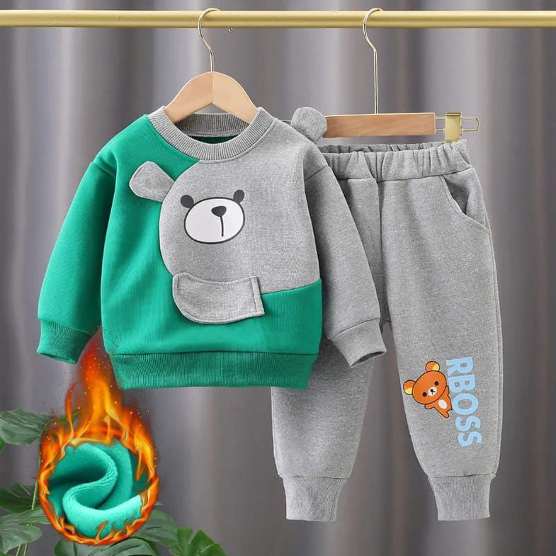 Green Grey Contrast Bear Print Sweatshirt With Grey Trouser For Kids