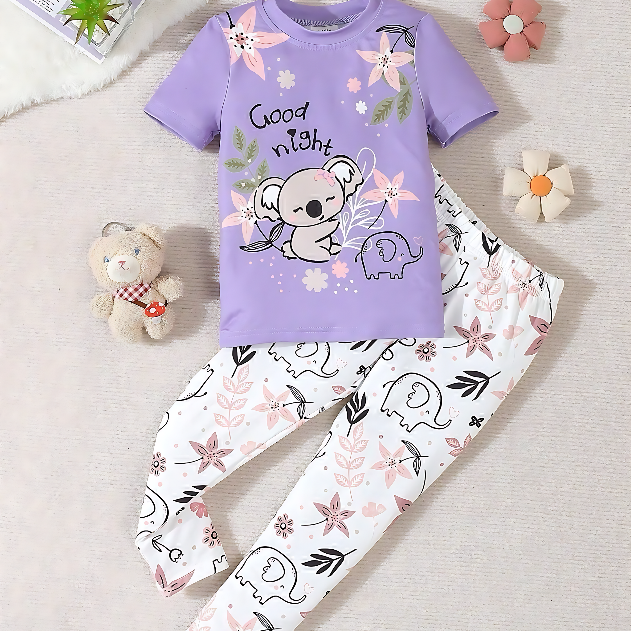 0000 Lilac Good Night Floral Bear Printed Half Sleeves T-shirt with Floral Printed Pajama Kids Suits