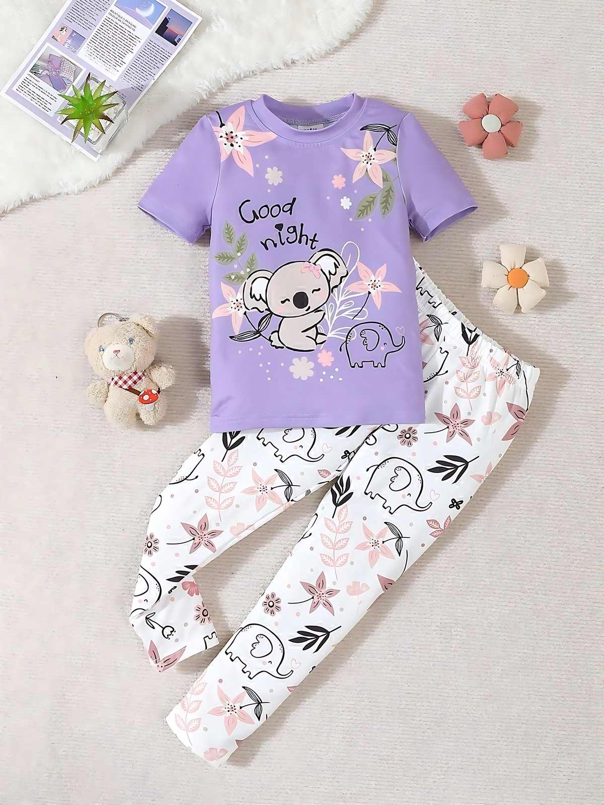 0001 Lilac Good Night Floral Bear Printed Half Sleeves T-shirt with Floral Printed Pajama Kids Suits