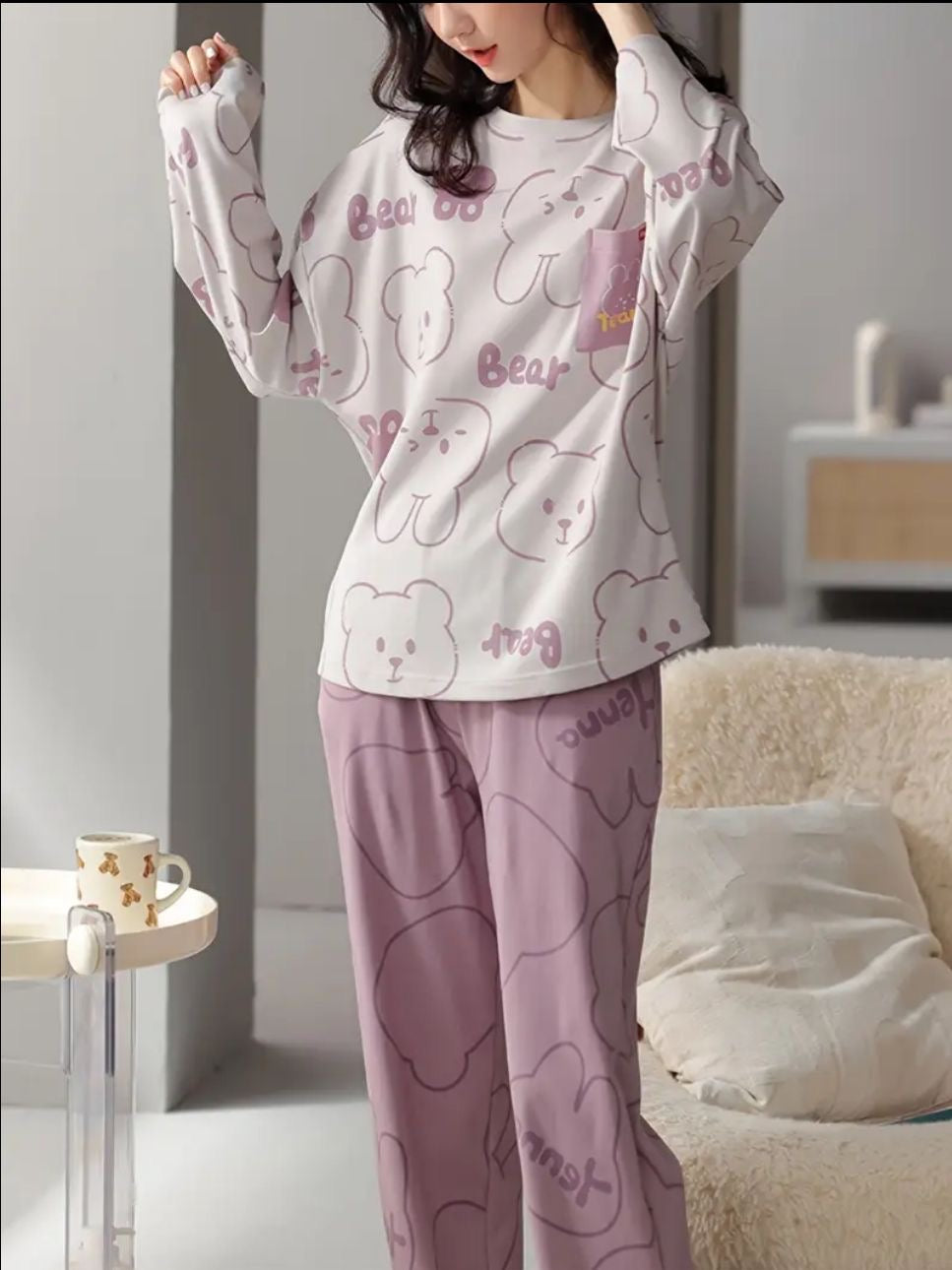 00000 White Bear Print Front  Pocket Full Sleeves T-Shirt With Light PurpleTrouser
