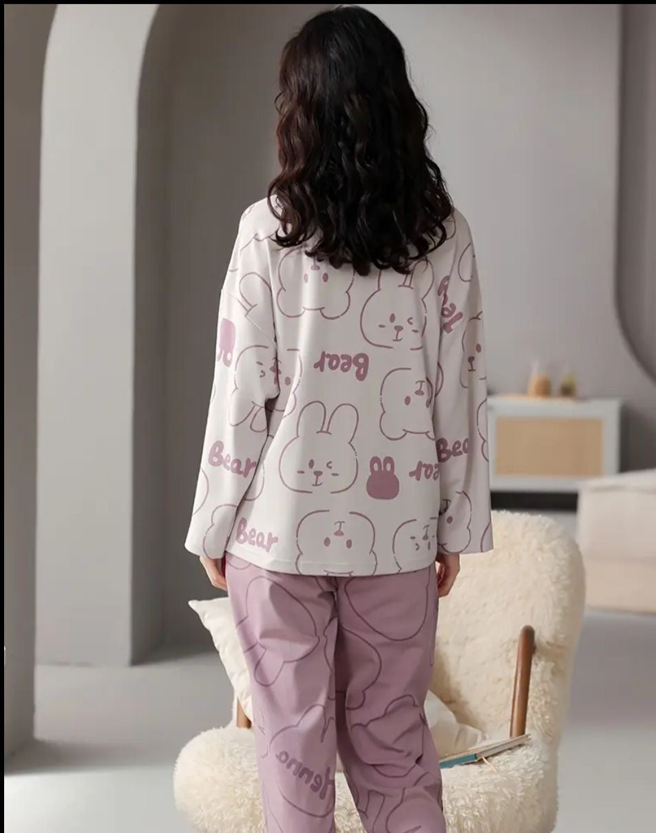 00000 A White Bear Print Front  Pocket Full Sleeves T-Shirt With Light PurpleTrouser