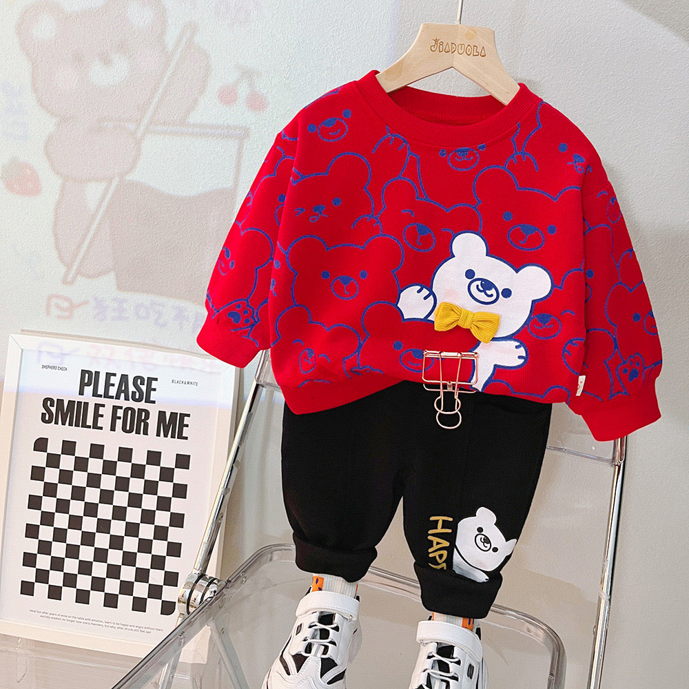 Red Bears Sweatshirt With Black Trouser Bear Print For Kids