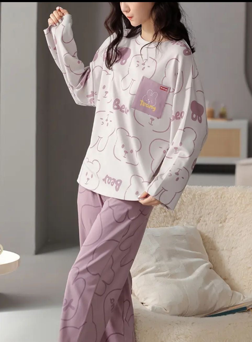 00000 White Bear Print Front  Pocket Full Sleeves T-Shirt With Light PurpleTrouser