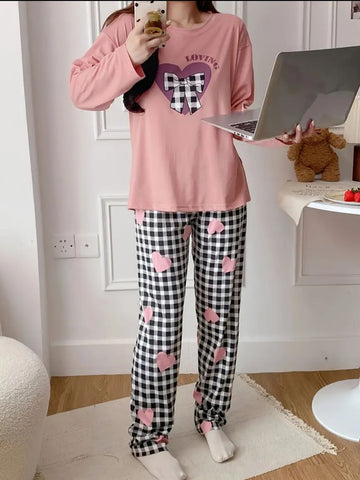 00000 Pink Full Sleeves Heart 💜T-Shirt Full Sleeves With Black & White check Trouser