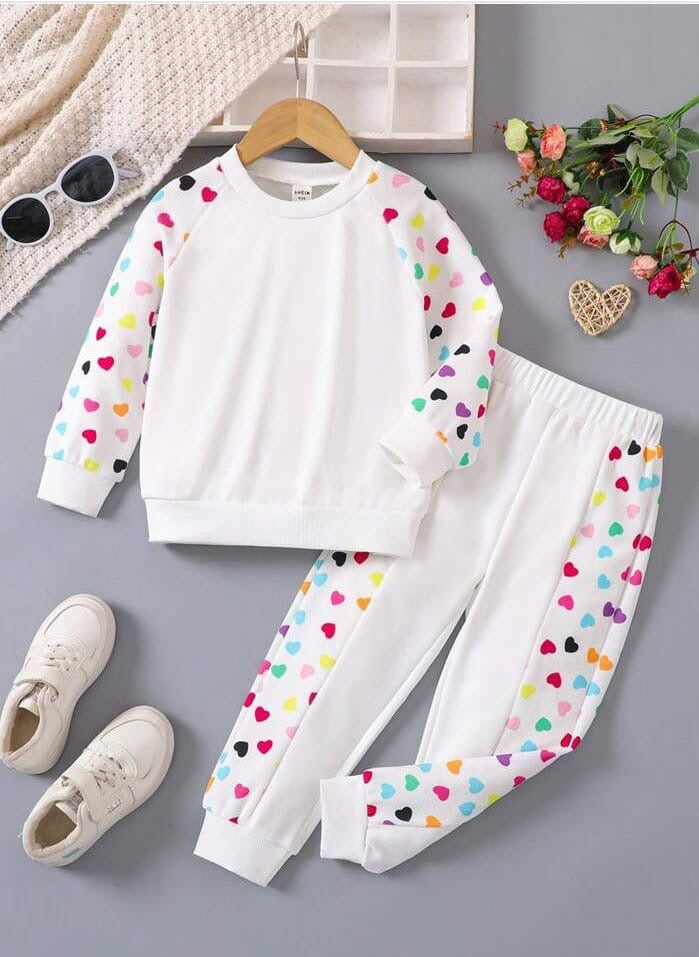 White Plain Sweatshirt Multi Heart On sleeves With Same Trouser For Kids