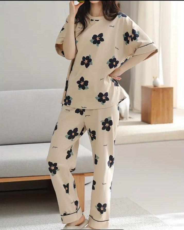 00001 Brown All Over Flowers Printed Night Suit