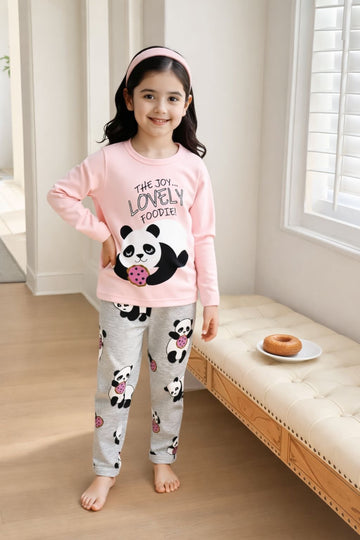 0000 Baby Pink Panda Printed Full Sleeves T-shirt With Grey Panda Printed pajama suit