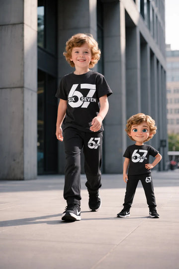 0000 Black 67 Printed Half Sleeves T-shirt with Black Printed Pajama Kids Suits