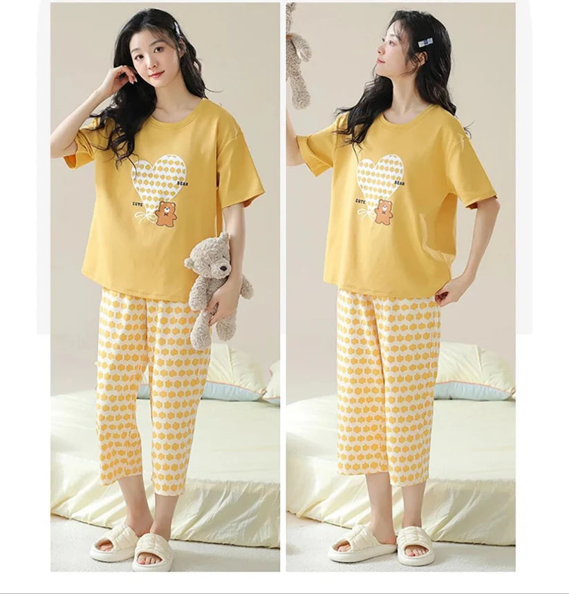 042 Yellow Heart Printed T.Shirt With Check Trouser