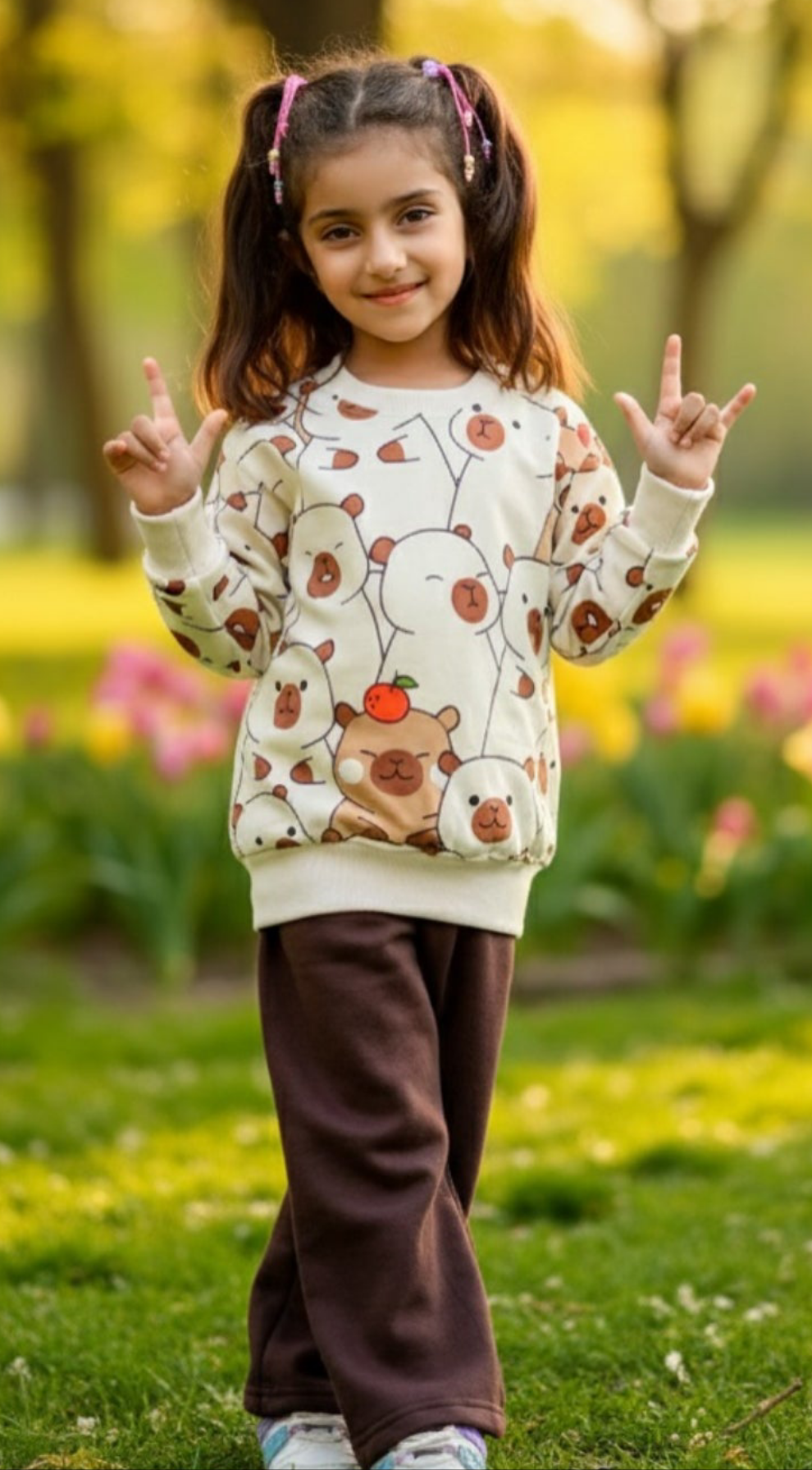 0000 OffWhite Multi Bear Sweatshirt With Dark Brown Trouser For Kids