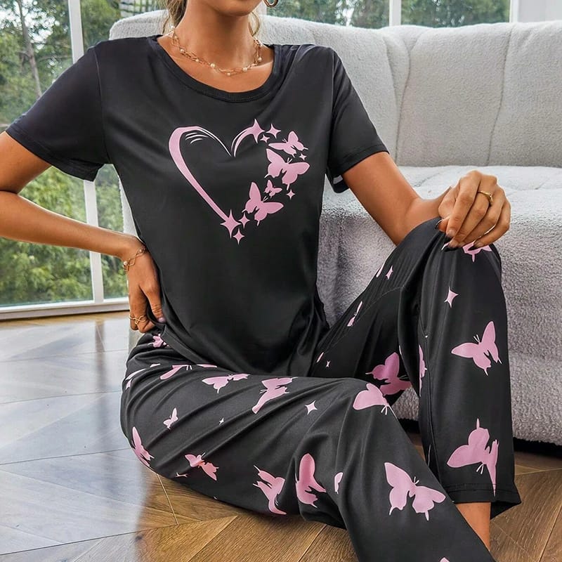 006 Grey Pink Heart Printed T-shirt Half Sleeves With Butterfly Printed Trouser