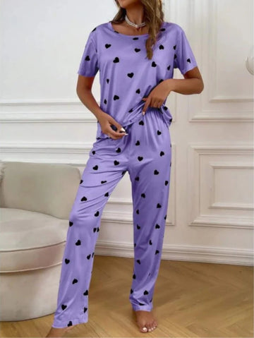 012 Purple With White Hearts Print Half sleeves T-shirt With Hearts Print Trouser