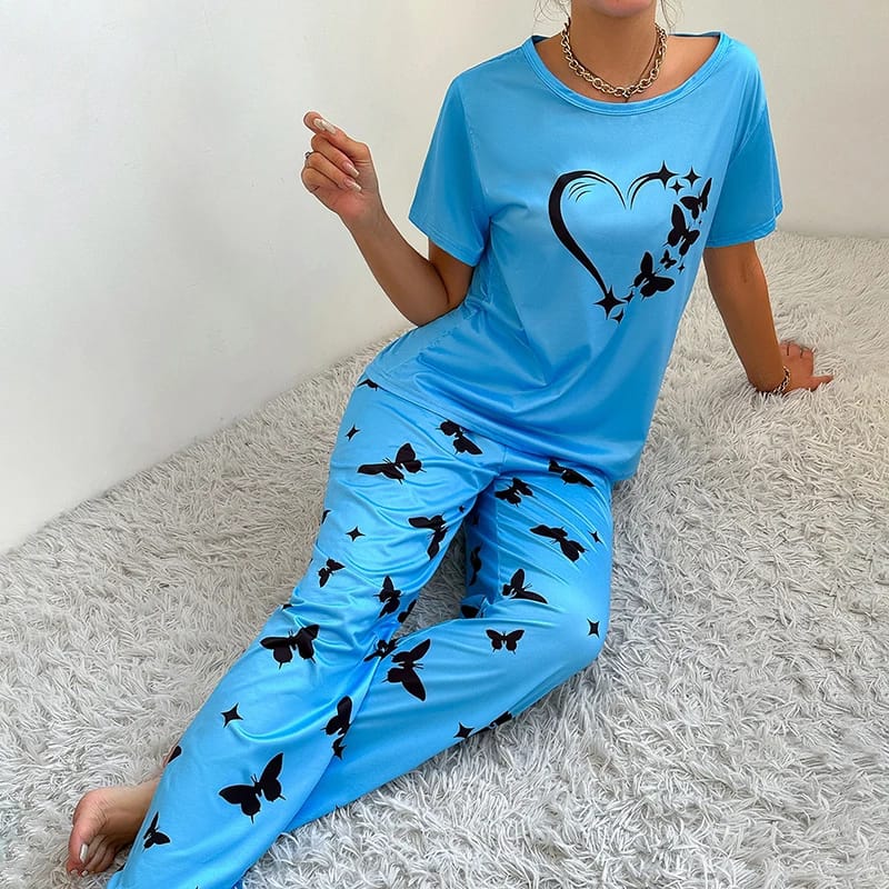 006 Sky Blue Heart Printed T-shirt Half Sleeves With Butterfly Printed Trouser