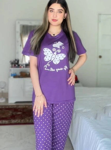 039  Purple Butterfly Printed T-Shirt With Polka Dots Trouser