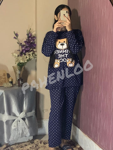 002 Navy Blue Polka Dot Bear Full Sleeves With Printed Trouser