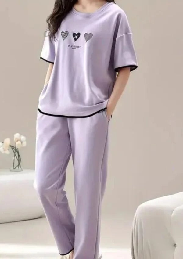 00001 Purple In My Heart Print Half Sleeves With Plain Trouser