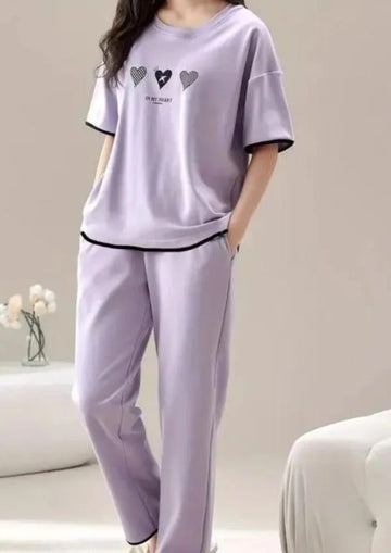 00001 Purple In My Heart Print Half Sleeves With Plain Trouser