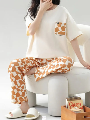 00001 Off White Plain Pocket Print Half Sleeves T-shirt With Printed Pajama Suit