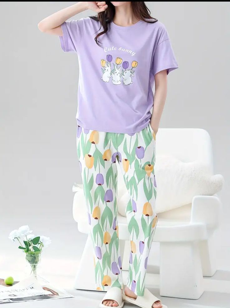 00001 LILIC CUT BUNNY PRINTED HALF SLEEVES WITH PRINTED TROUSER