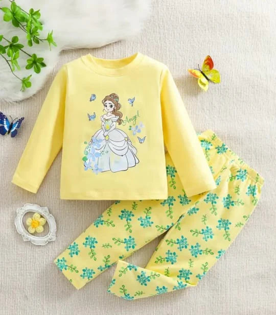 00001 Yellow Barbie Girl Printed Full Sleeves T-shirt with Flower Printed Pajama Kids Suits (1 Pcs)