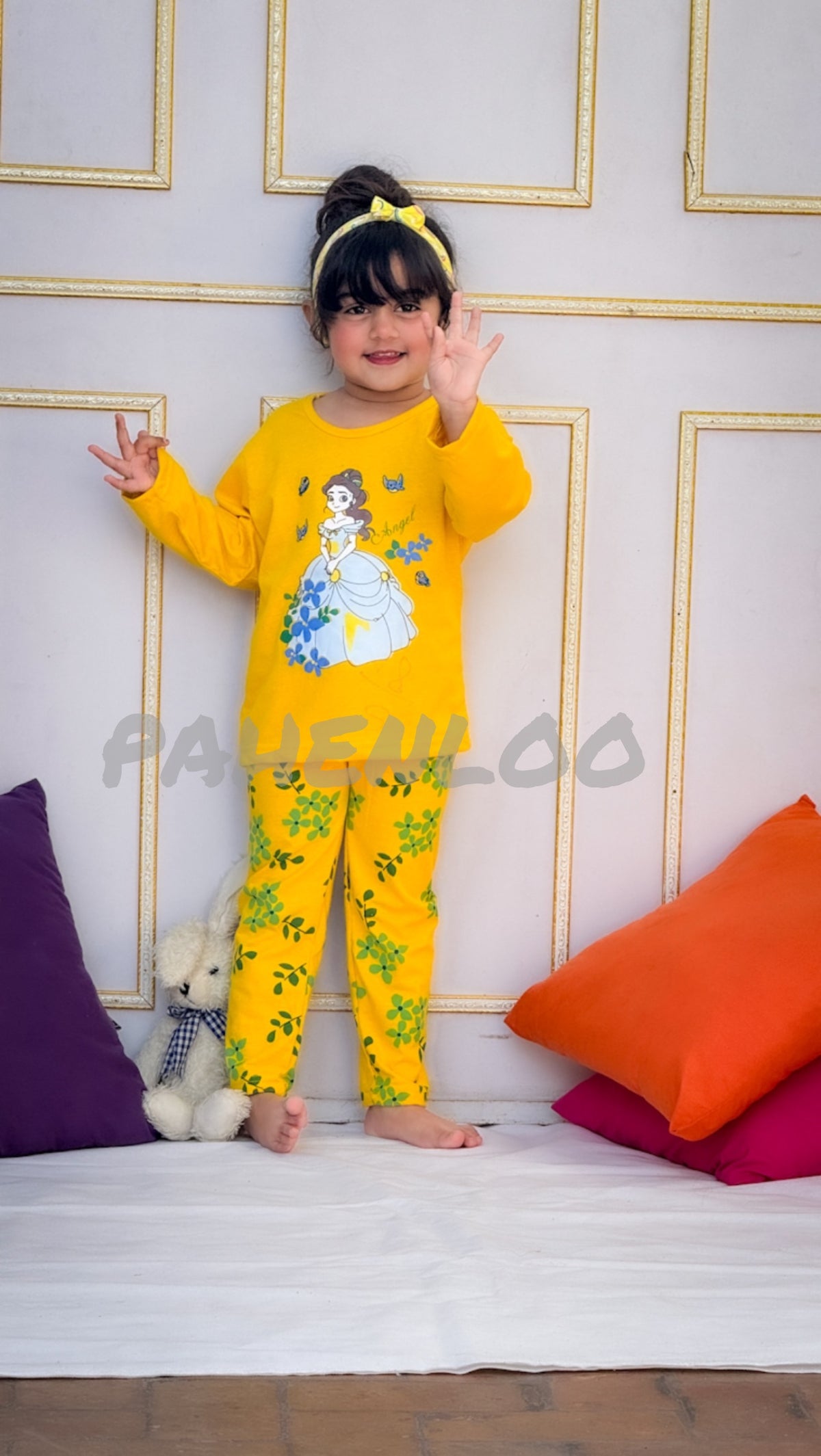 00001 Yellow Barbie Girl Printed Full Sleeves T-shirt with Flower Printed Pajama Kids Suits (1 Pcs)