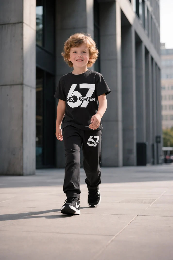 00001 Black 67 Printed Half Sleeves T-shirt with Black Printed Pajama Kids Suits