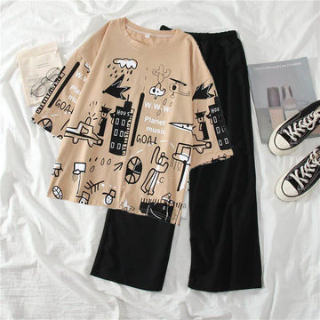 004 Skin Funky Print T-Shirt With Plain Black Trouser