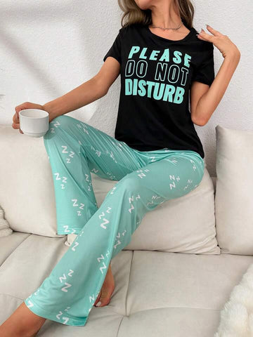 023 Black with sea green do not disturb Printed T.shirt With Sea Green Trouser