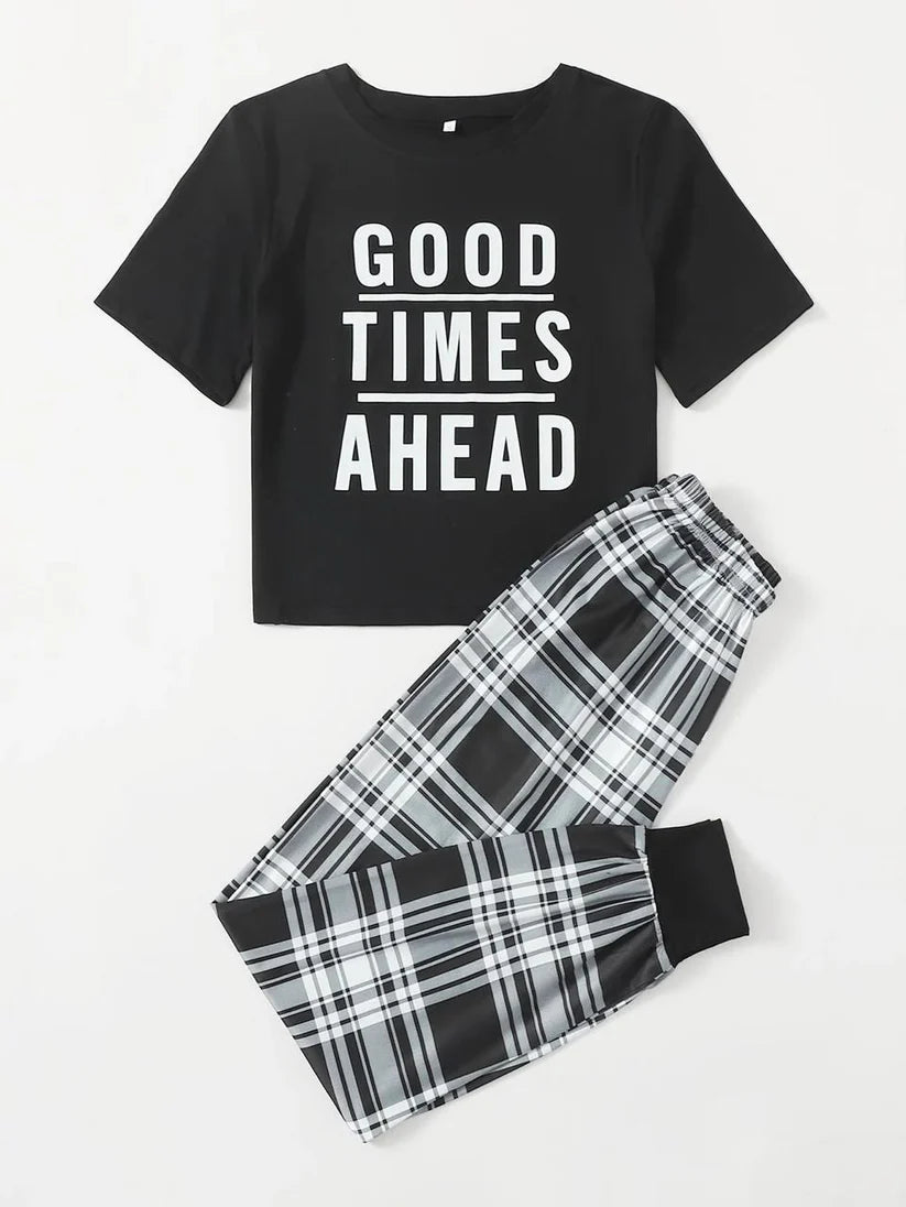 027 Black Good time Ahead Printed T.shirt With Check Trouser