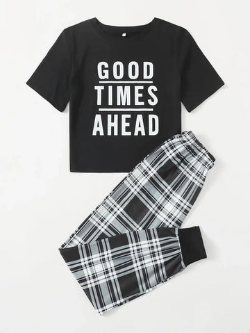 027 Black Good time Ahead Printed T.shirt With Check Trouser