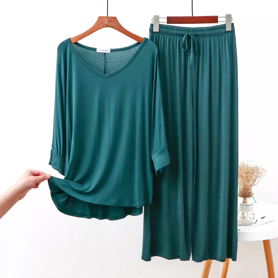 0017 Green V-Neck With Plazzo Trouser Night Suit