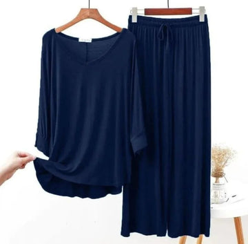 0017 Navy Blue V-Neck With Plazzo Trouser Night Suit