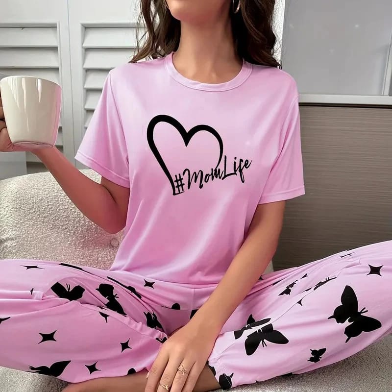 006 Pink Mom Life Printed Half Sleeves With Butterfly Printed Trouser