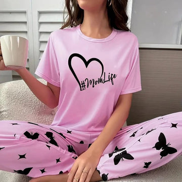 006 Pink Mom Life Printed Half Sleeves With Butterfly Printed Trouser