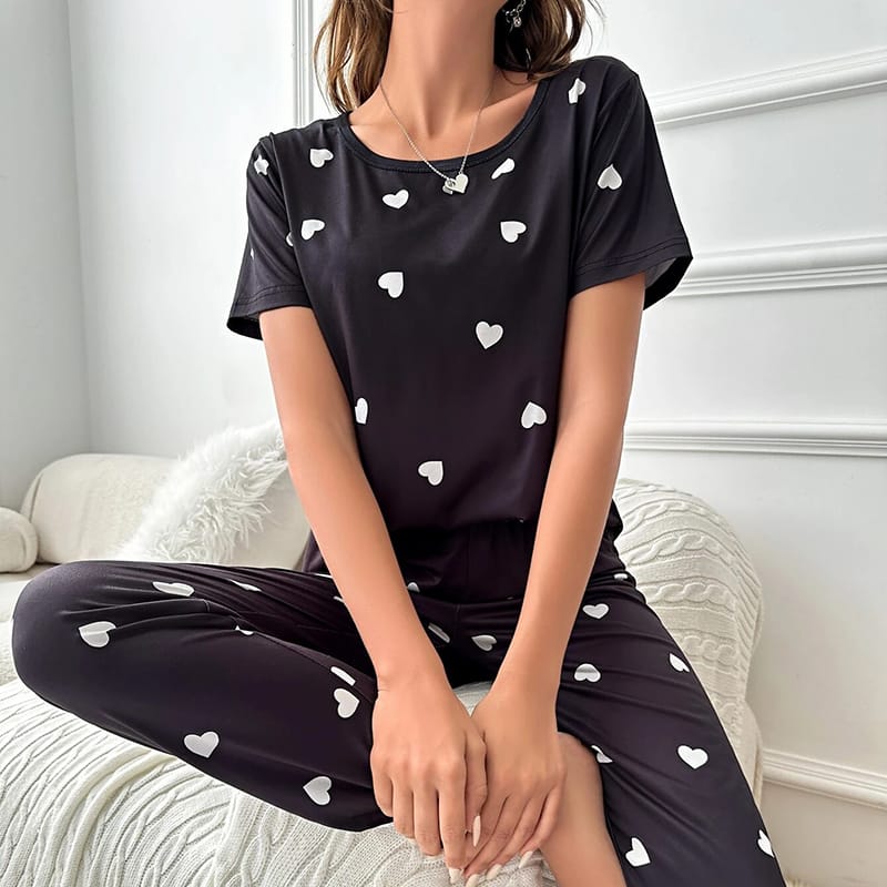 012 Black With White Hearts Print Half sleeves T-shirt With Hearts Print Trouser