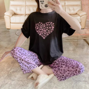 033 Black With Purple Heart Printed half sleeve T-shirt with Cheeta Print Trouser