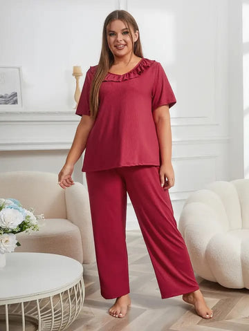 0023 Maroon Neck Frill Style Half Sleeves With Plazzo Trouser Night Suit