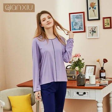 Purple Round Neck Front Lining T-shirt with Blue Trouser Night Suit