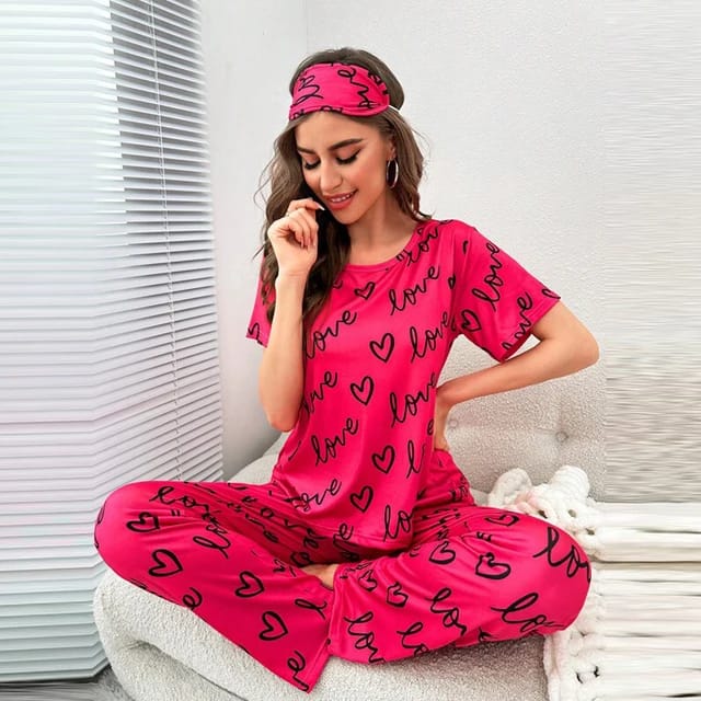 Shocking Pink love Printed Half sleeves Night Suit