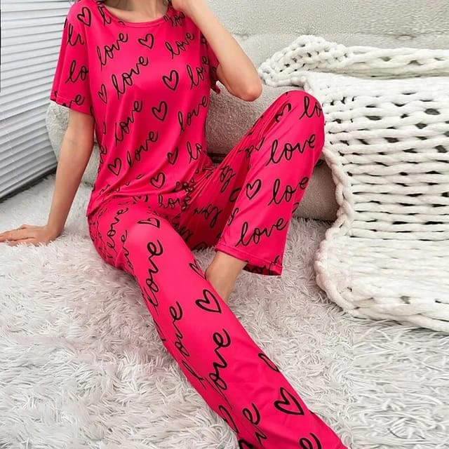 Shocking Pink love Printed Half sleeves Night Suit