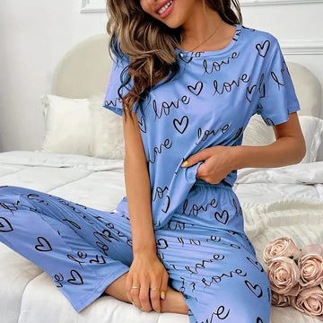 Sky blue Love Printed half  T-shirt with Trouser Suit