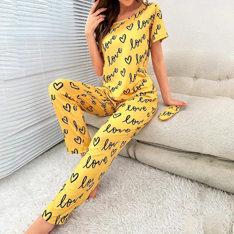 Yellow Love Printed half  T-shirt with Trouser Suit