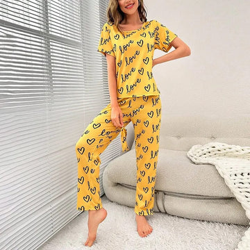 Yellow Love Printed half  T-shirt with Trouser Suit