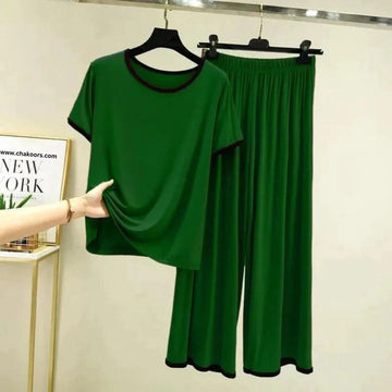 0020 Bottle Green Plain Black lace for Neck With Plazzo Trouser Night Suit