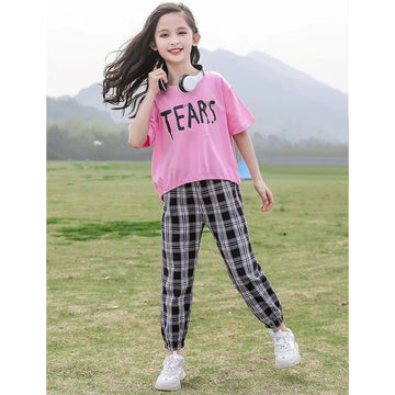 Baby/Baba Pink Tears Print Half Sleeves T-shirt With Check Printed Trouser